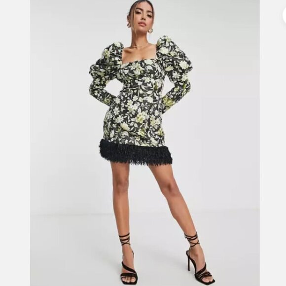 NWT Miss Selfridge Mini Dress With Faux-Fur Trim in Floral Jacquard Size 6 - Picture 2 of 16